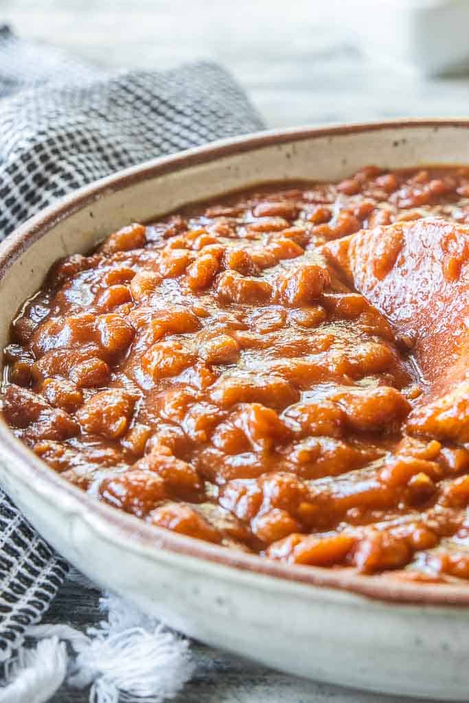 side view of crockpot baked beans