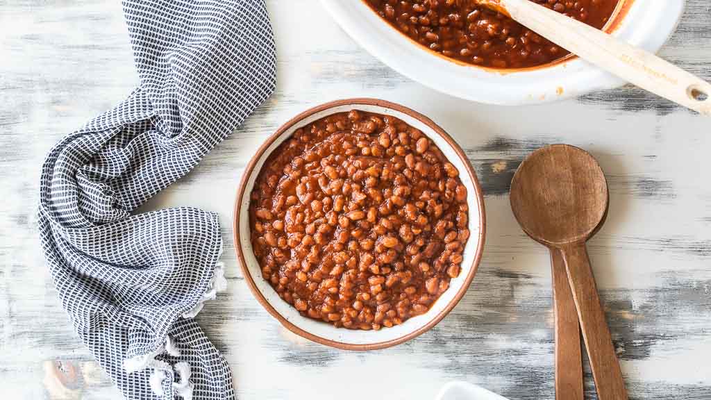 top down view of crockpot baked beans