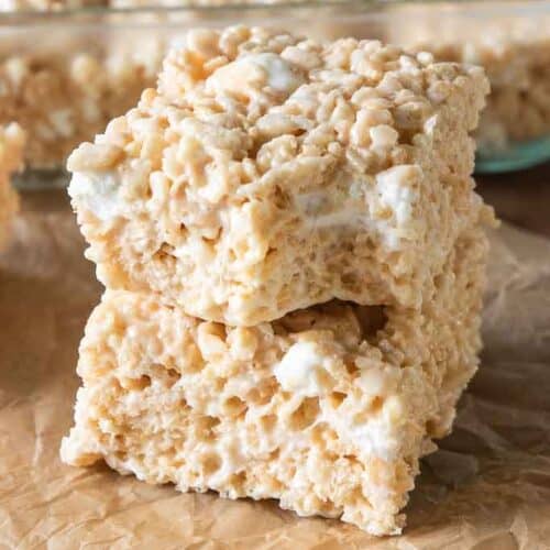 Two gluten free rice Krispy treats stacked.
