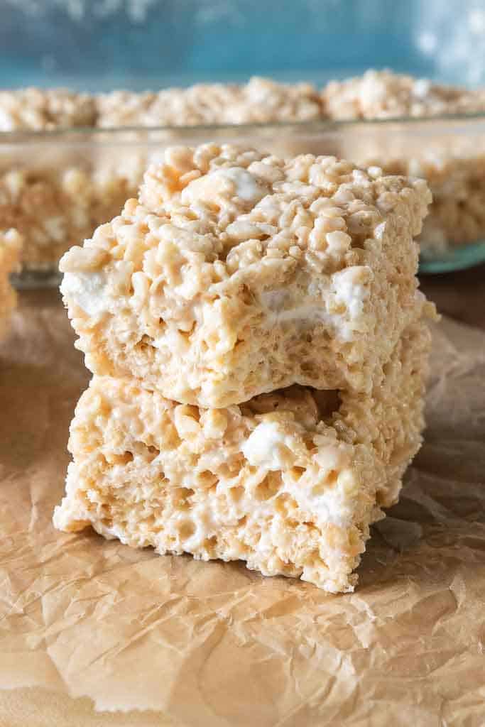 Two gluten free rice Krispy treats stacked.