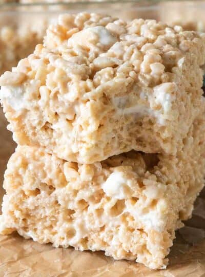Two gluten free rice Krispy treats stacked.