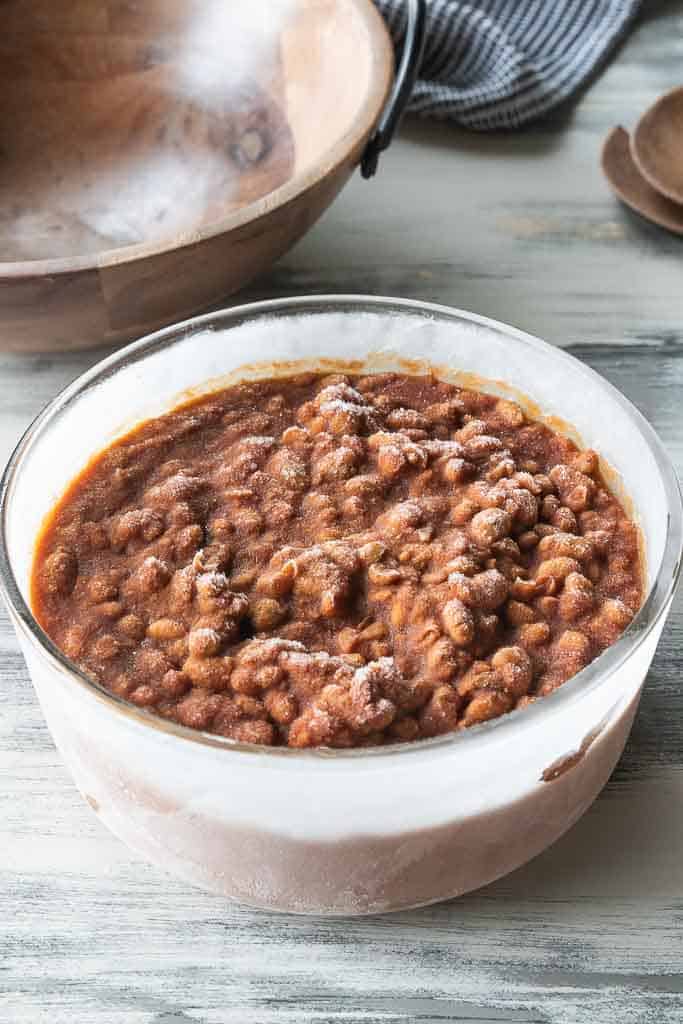 frozen baked beans in glass container