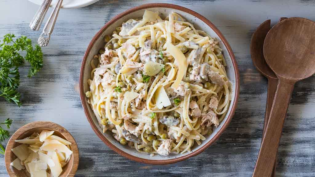 gluten free salmon pasta recipe in serving bowl