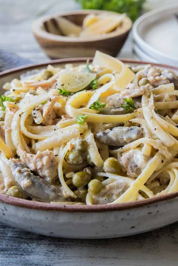 side view of salmon pasta recipe
