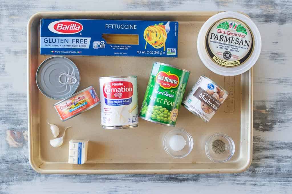 ingredients for salmon pasta on sheet pan