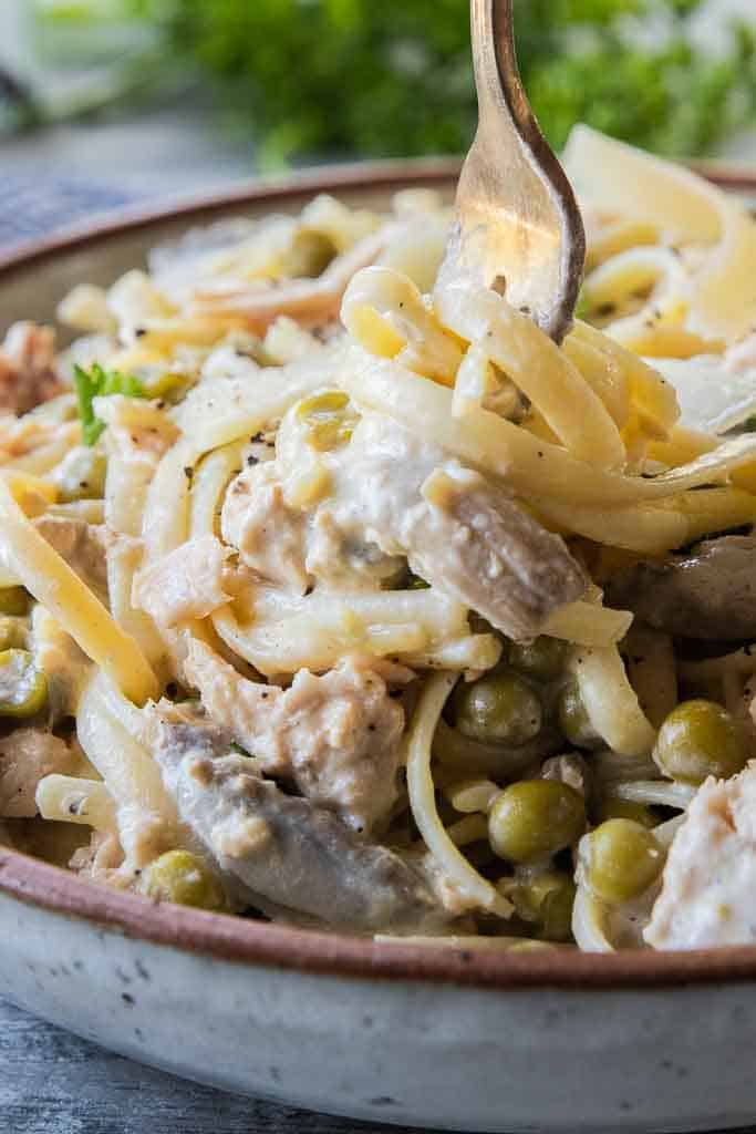 fork twirling noodles in salmon pasta recipe