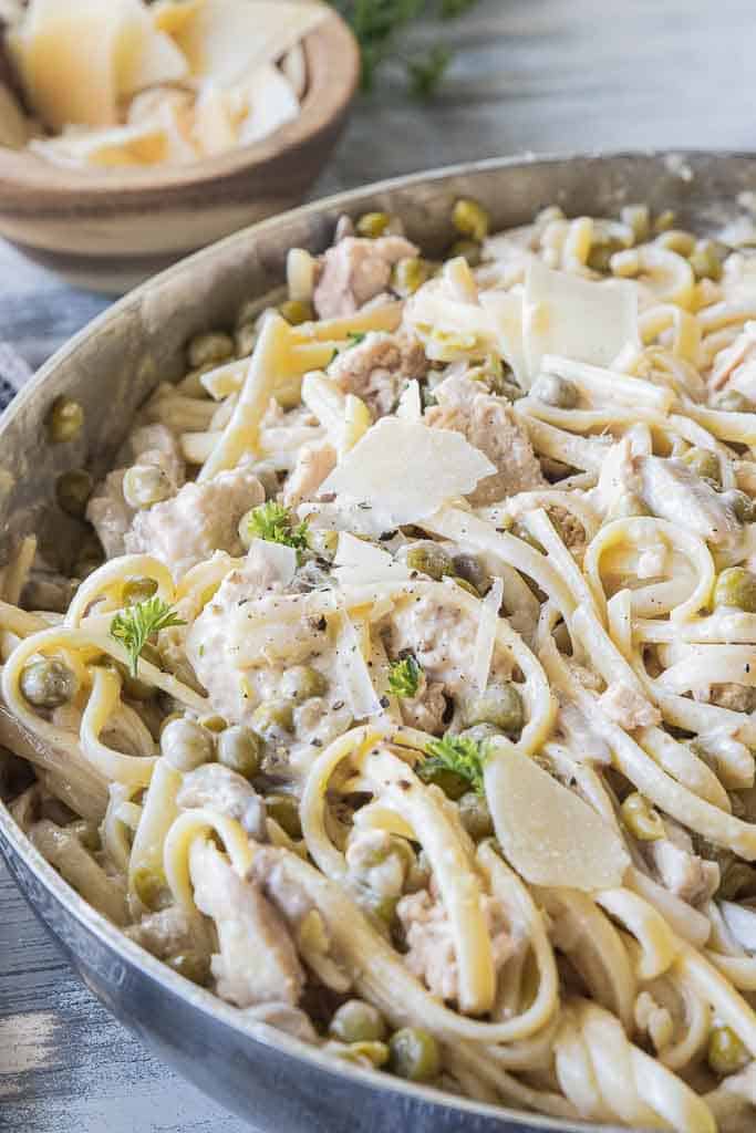 salmon pasta in pan