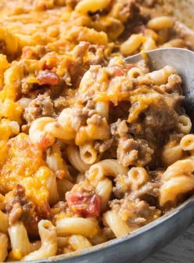 Close up shot of sausage Mac and cheese.