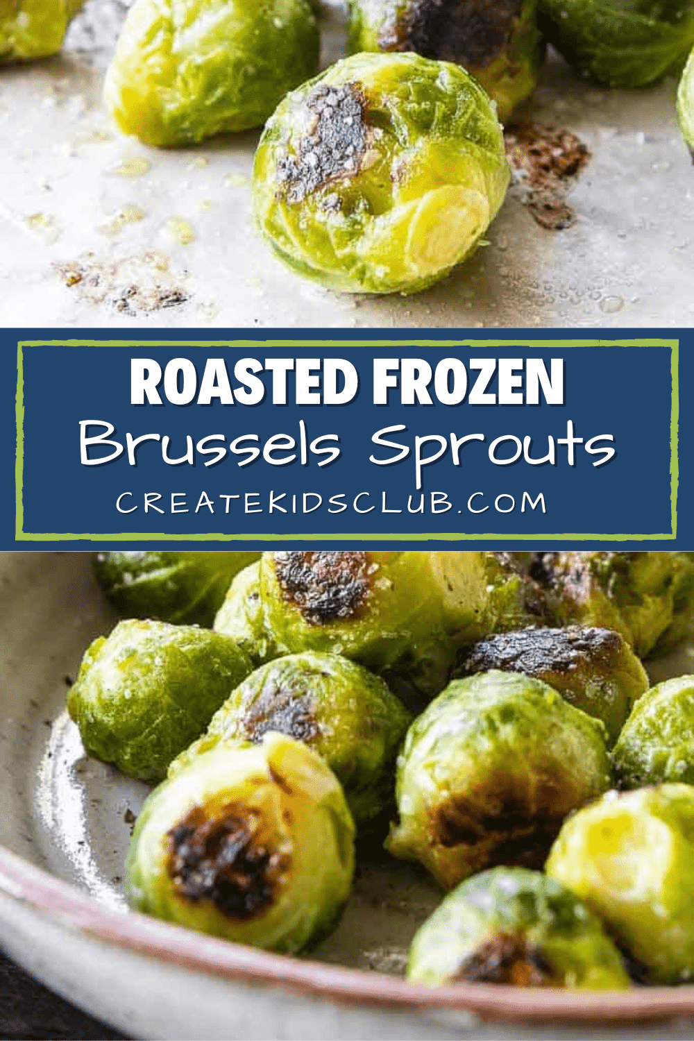 Pinterest image of roasted frozen brussels sprouts