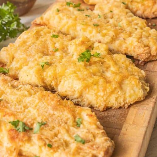 side view of air fryer chicken cutlets