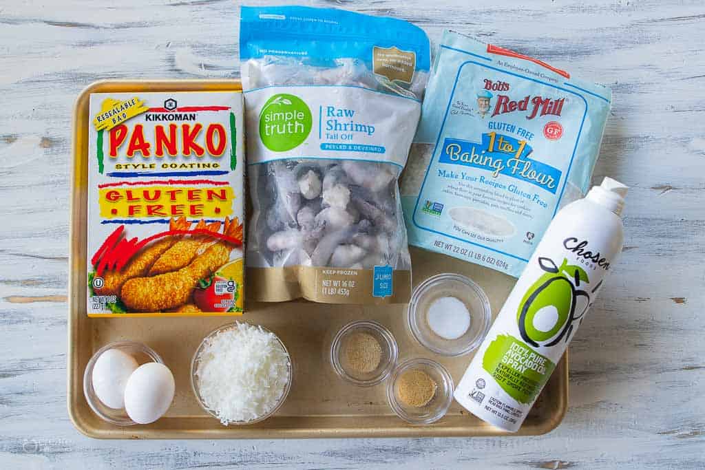 ingredients for air fryer coconut shrimp on sheet pan