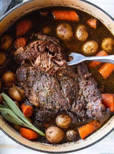 top down shot of chuck roast in dutch oven pot