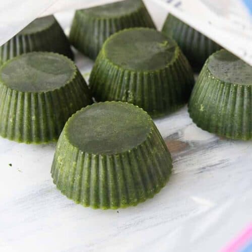 frozen spinach cups in freezer bag