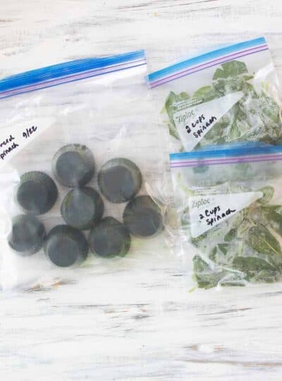 frozen fresh and pureed spinach in freezer bags