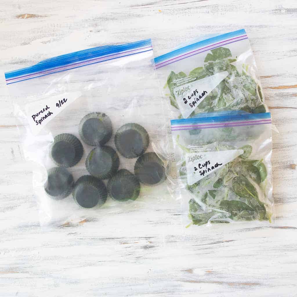 frozen fresh and pureed spinach in freezer bags