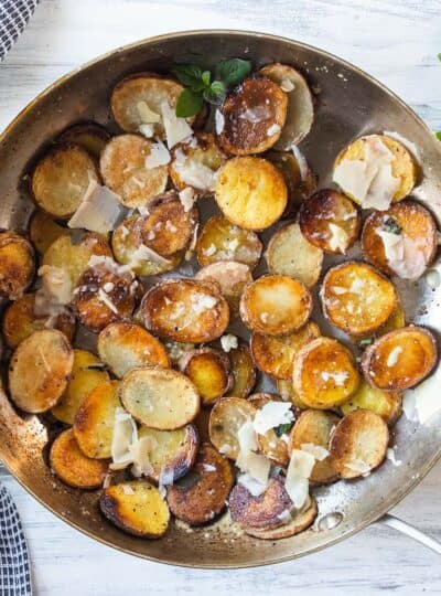 top shot of pan fried sliced potatoes