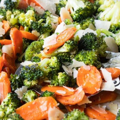 roasted broccoli and carrots on sheet pan