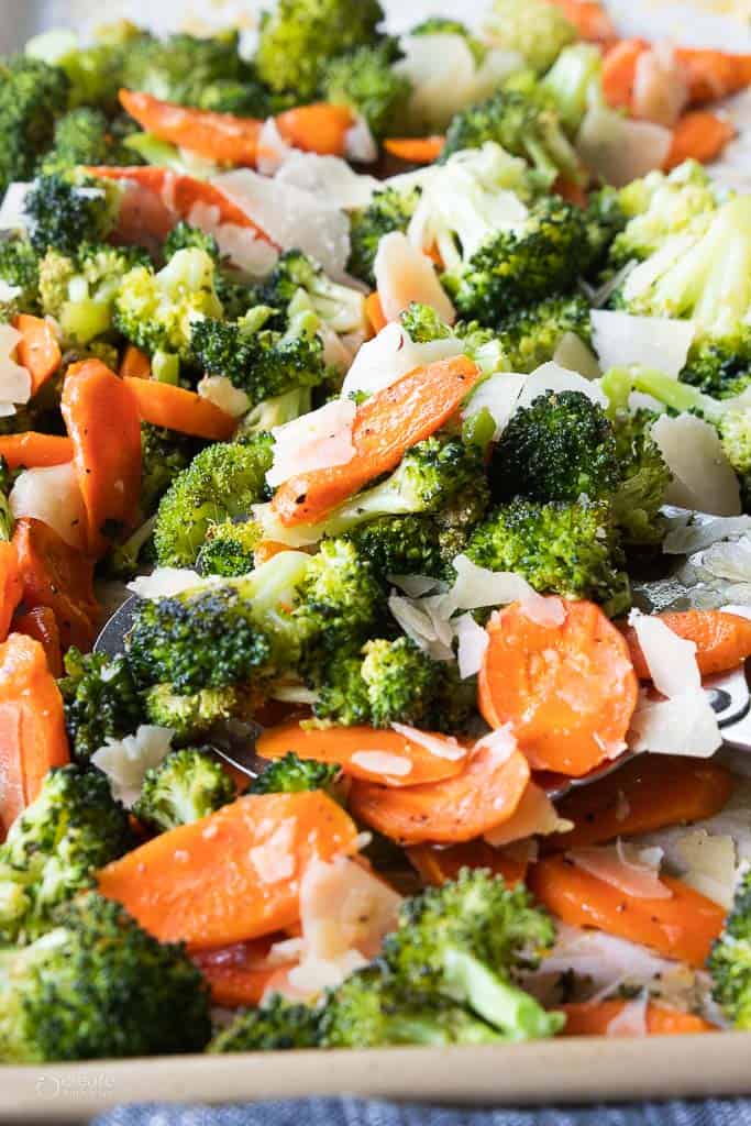 roasted broccoli and carrots on sheet pan