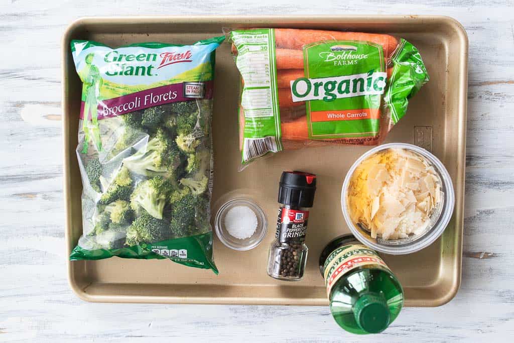 ingredients for roasted broccoli and carrots on sheet pan