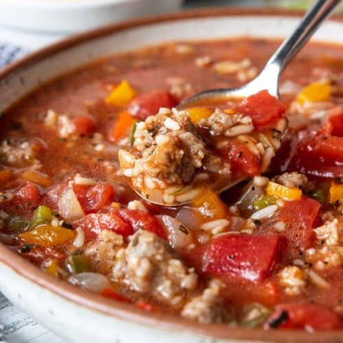 spoon in stuffed pepper soup