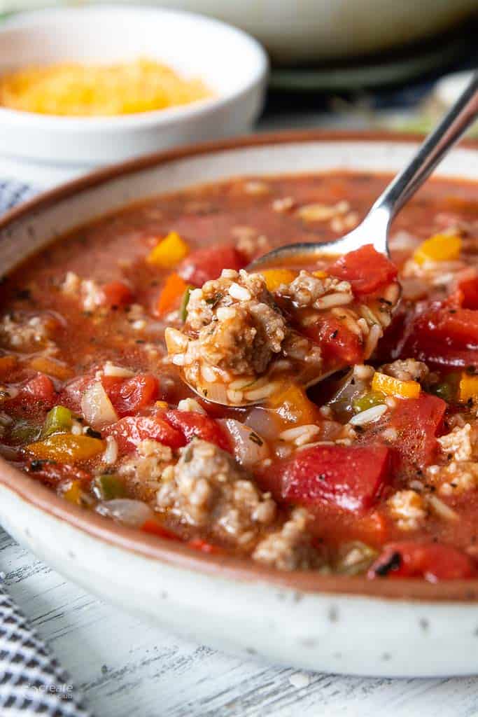 spoon in stuffed pepper soup