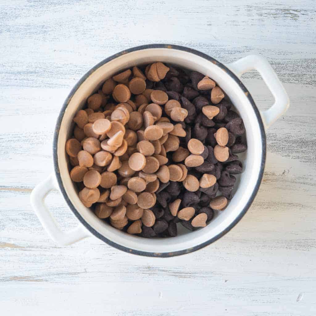 butterscotch and chocolate chips in pot