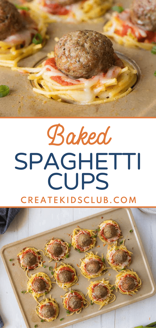 Pinterest image of baked spaghetti cups