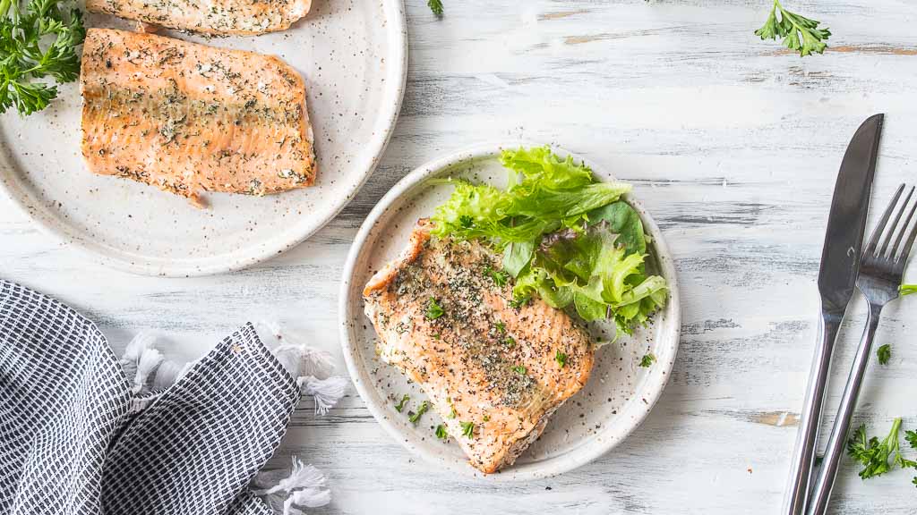 top down view of air fryer salmon fillet
