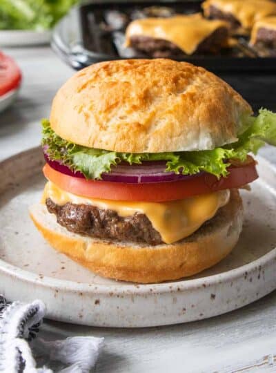 gluten free cheeseburger with tomato, onion and lettuce on bun