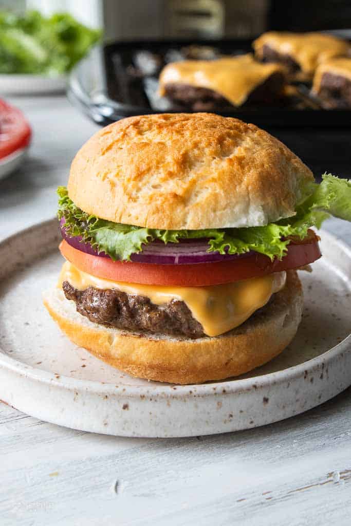 gluten free cheeseburger with tomato, onion and lettuce on bun