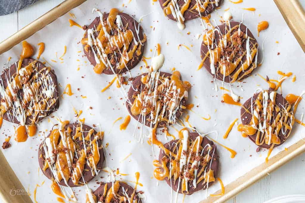 caramel apple slices on sheet pan