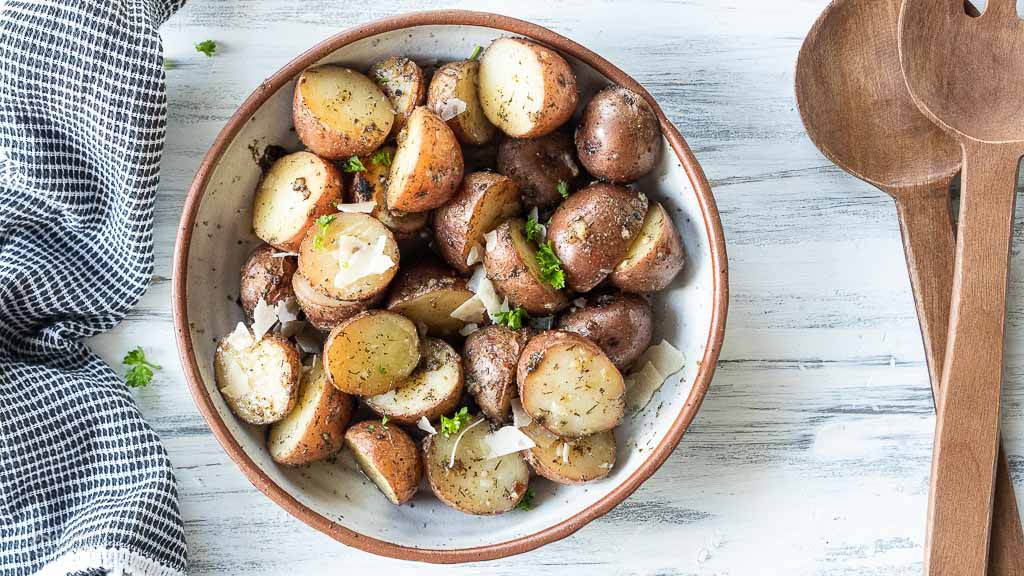 top down shot of crock pot red potatoes