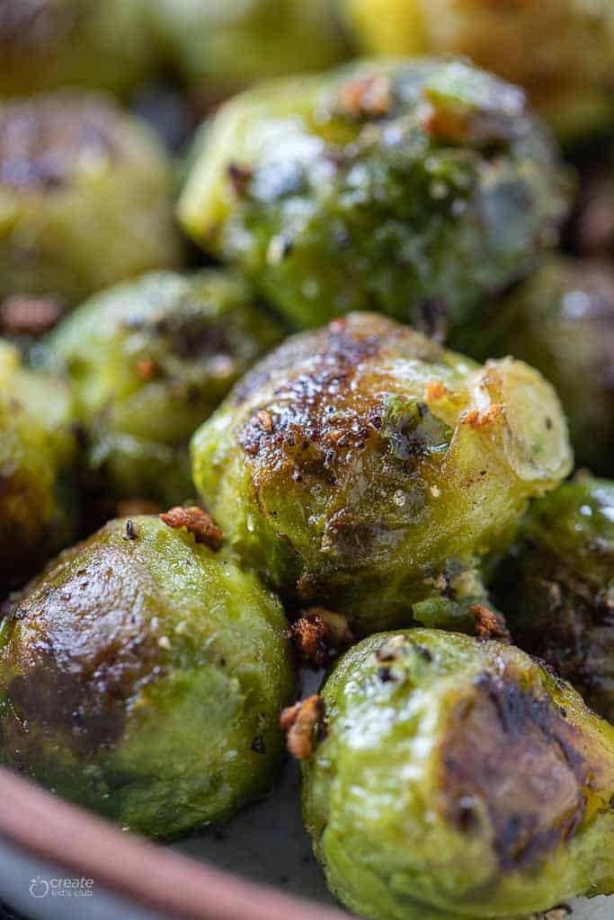 close up view of air fryer frozen brussels sprouts