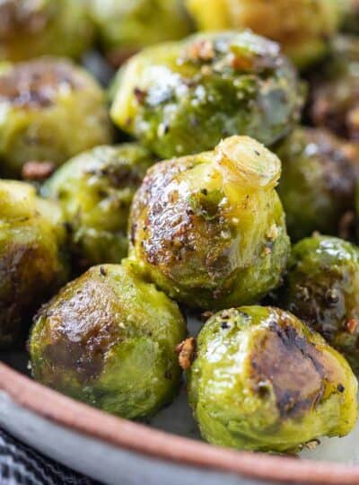 close up view of air fryer frozen brussels sprouts