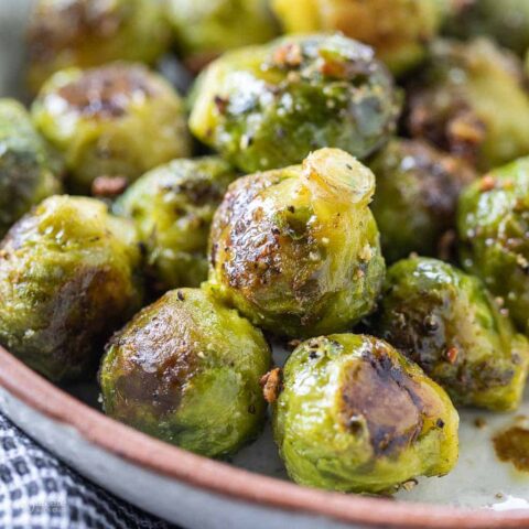 close up view of air fryer frozen brussels sprouts