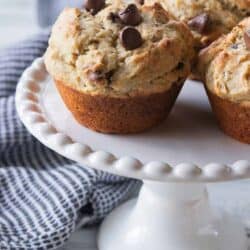 gluten free banana muffins on cake stand