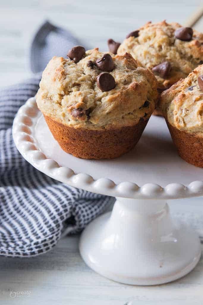 gluten free banana muffins on cake stand