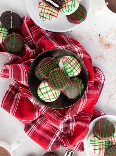 top down shot of Christmas Oreos in a tin