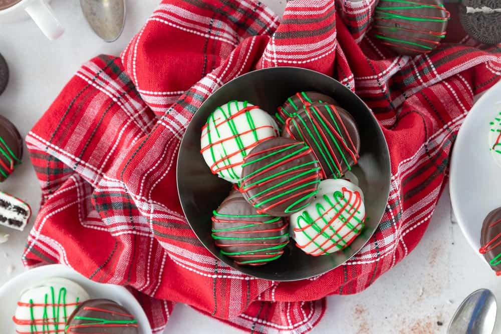 top down shot of Christmas Oreos in a tin