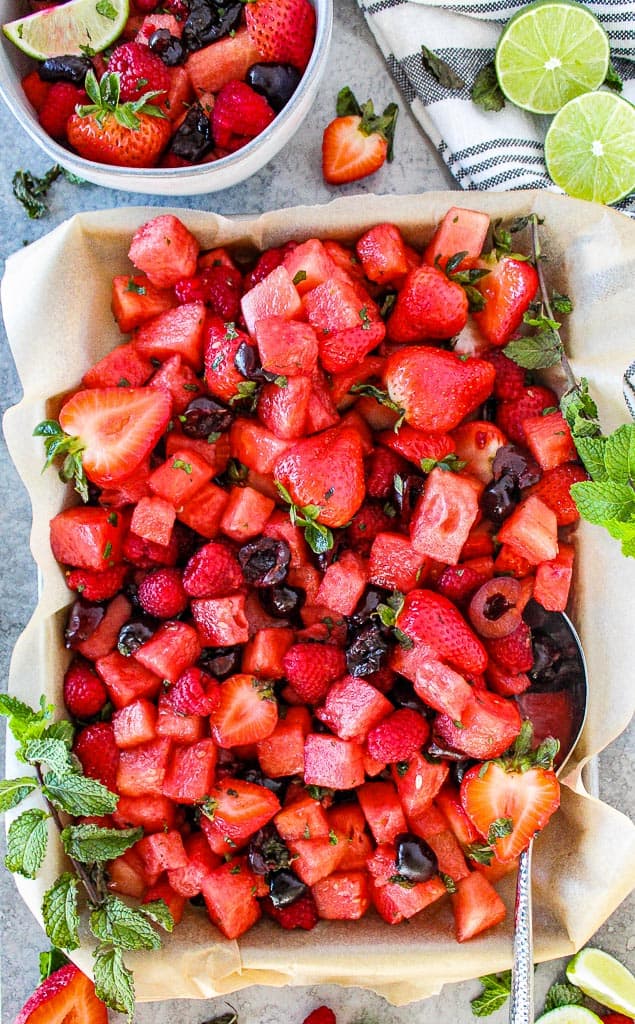 top down shot of fruit salad with watermelon