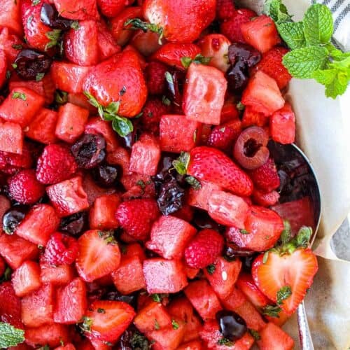 top down shot of fruit salad with watermelon