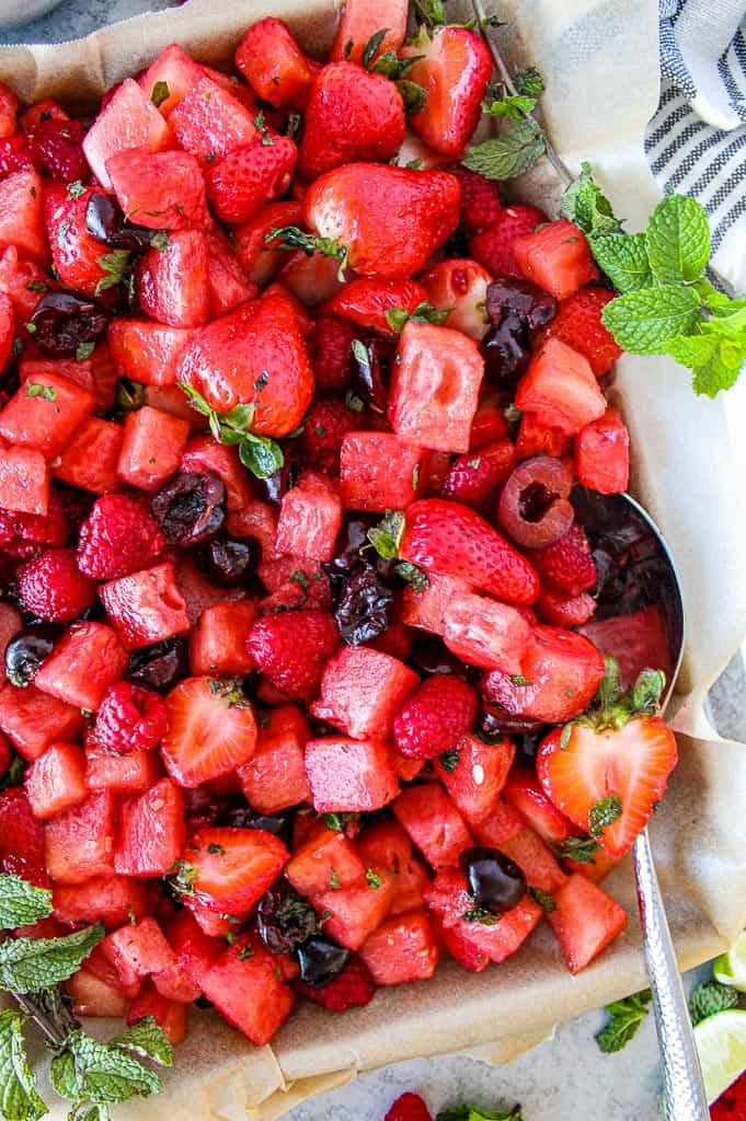 top down shot of fruit salad with watermelon