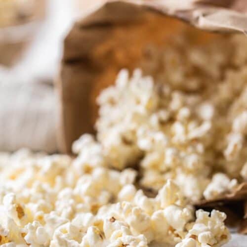 popped popcorn in a brown bag