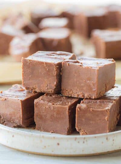 fudge pieces stacked on plate