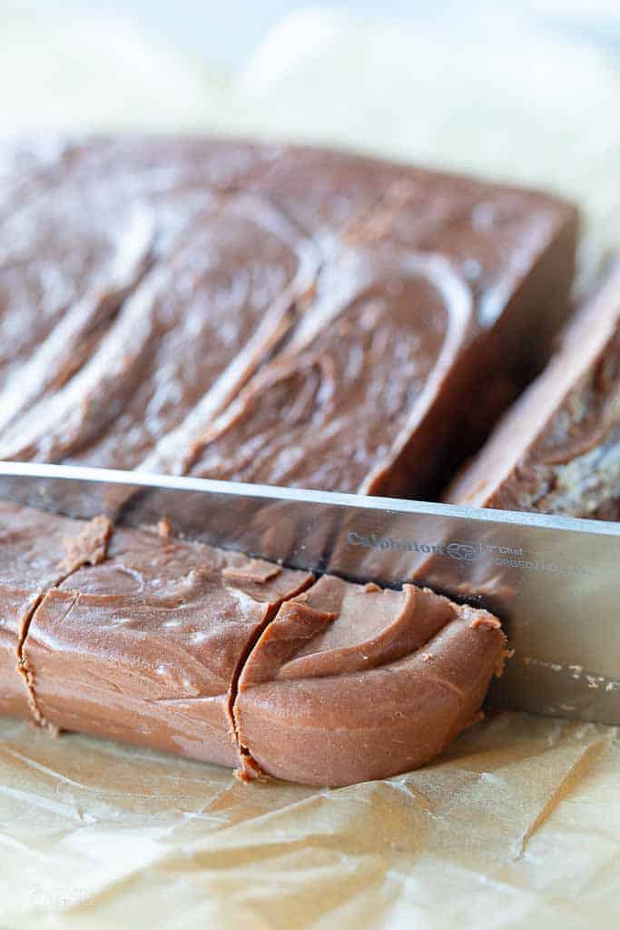 fudge slab sliced with knife