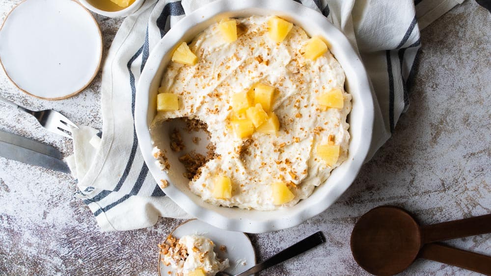 top down shot of pineapple pretzel salad