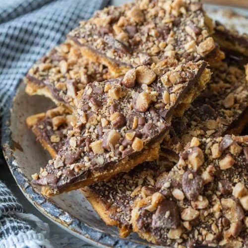 pieces of saltine toffee on plate