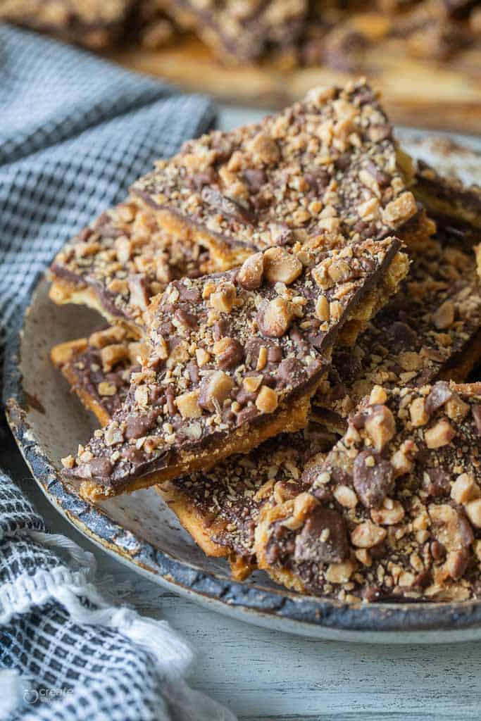 pieces of saltine toffee on plate