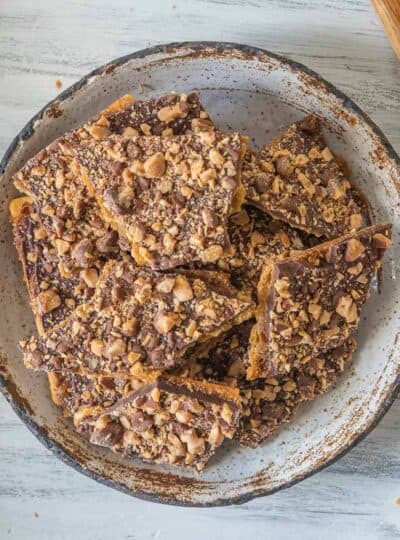 saltine toffee pieces in a bowl