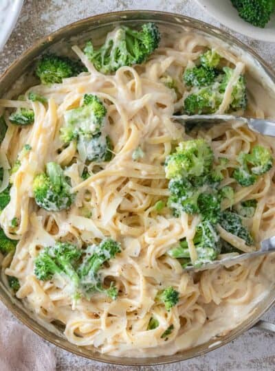 top down view of healthy chicken fettuccini alfredo